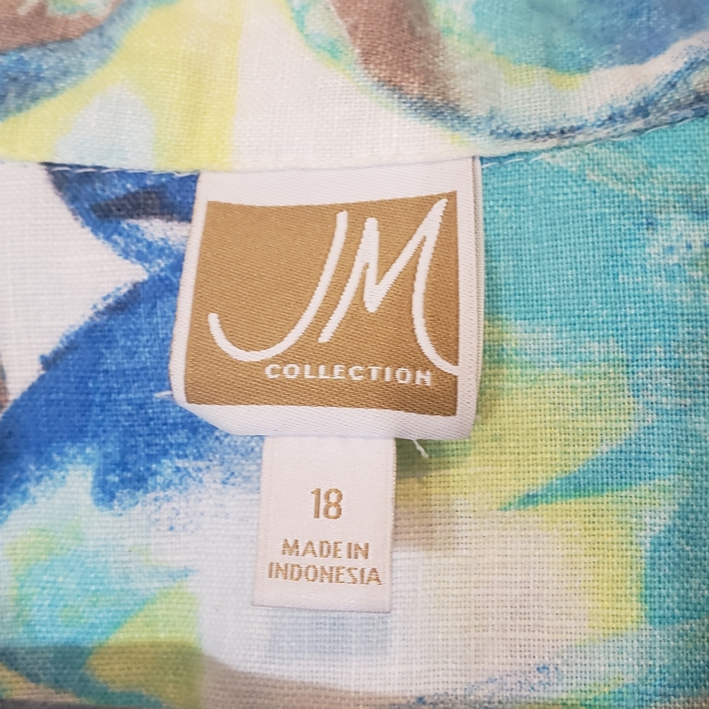 JM Collection Linen Button Down Shirt Front Pockets 3/4 Sleeves Sz 18 Blue Green - Picture 4 of 15